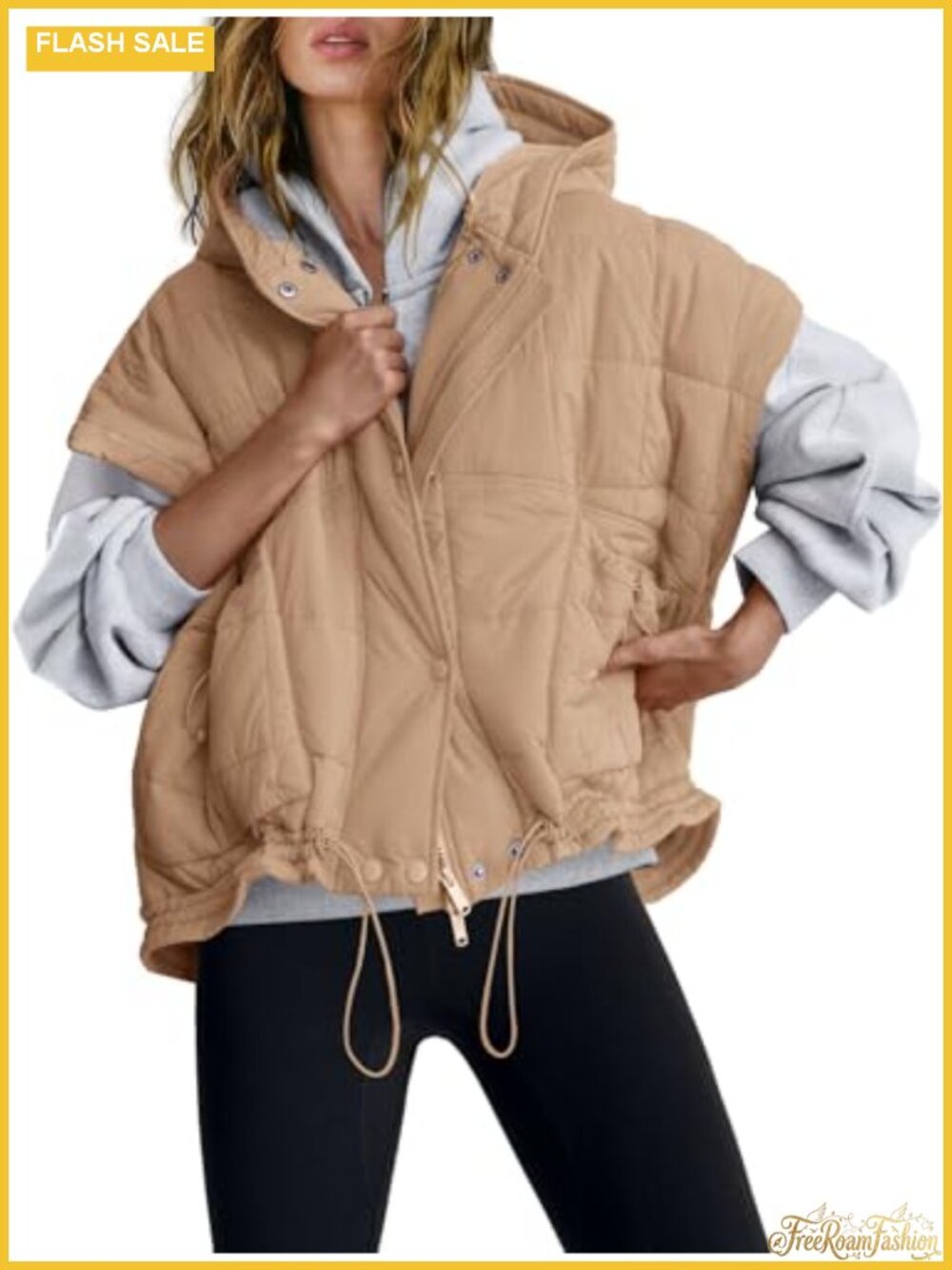 Oversized Quilted Puffer Vest Sleeveless Hooded Zip-Front Jacket